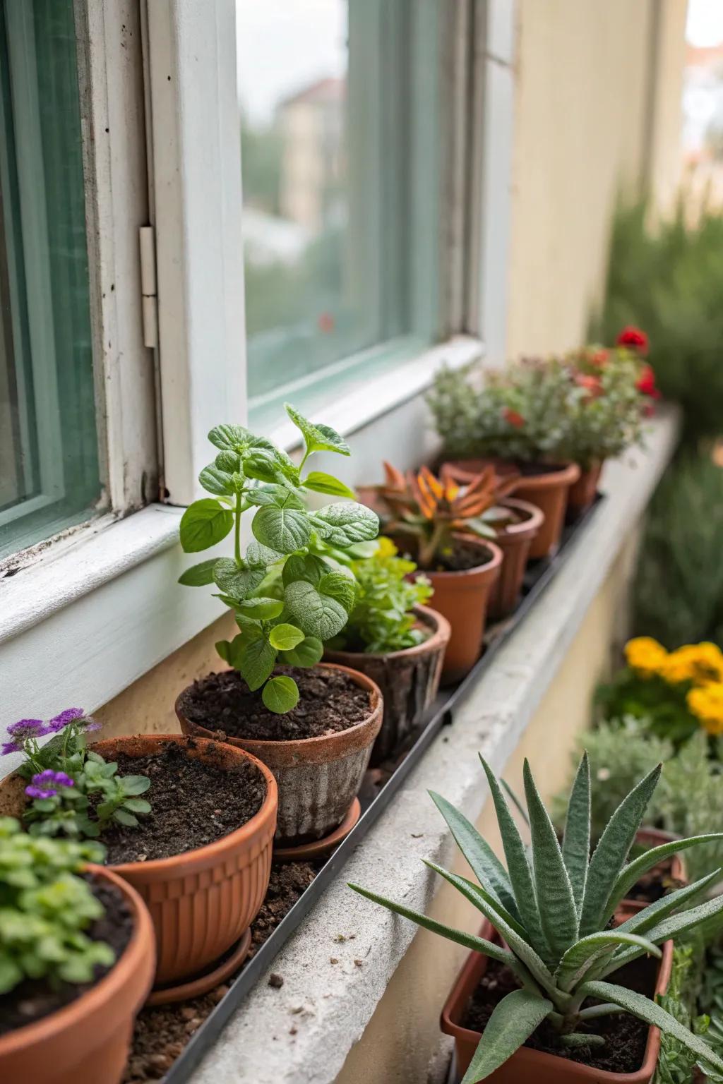 A sunny window sill adorned with cheerful greenery.