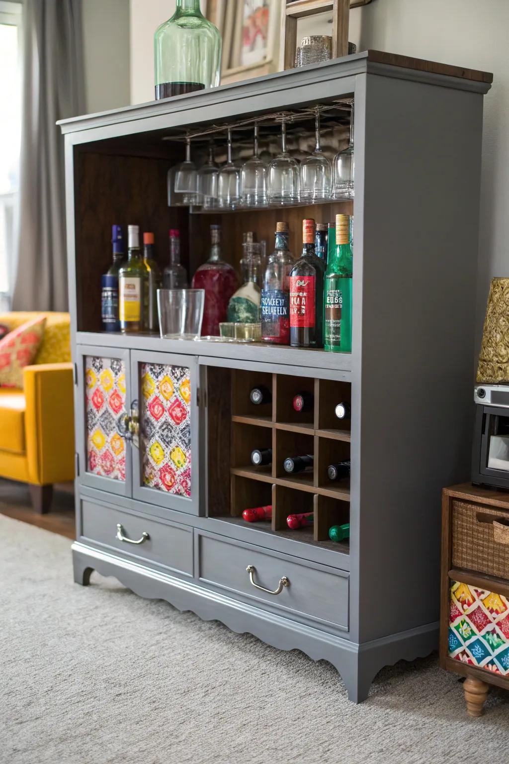 An old TV stand finds new life as a functional liquor cabinet.