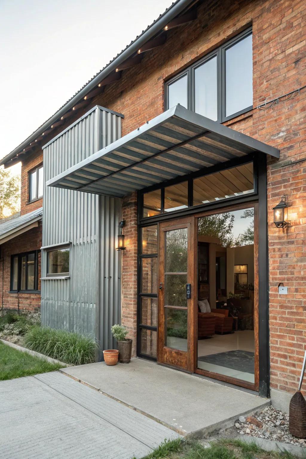 Corrugated metal adds a bold, industrial look to this entrance.