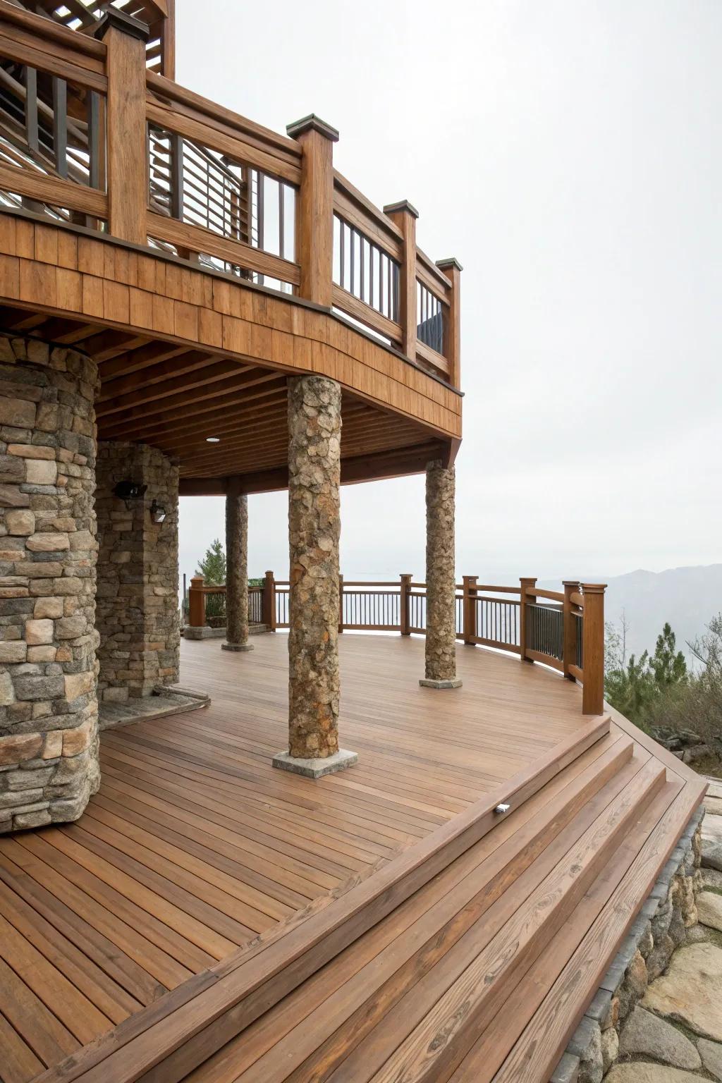 Natural materials that add warmth and texture to a double decker deck.