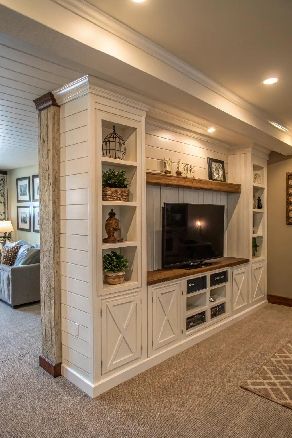 Textured paneling adds depth and character to this entertainment center.