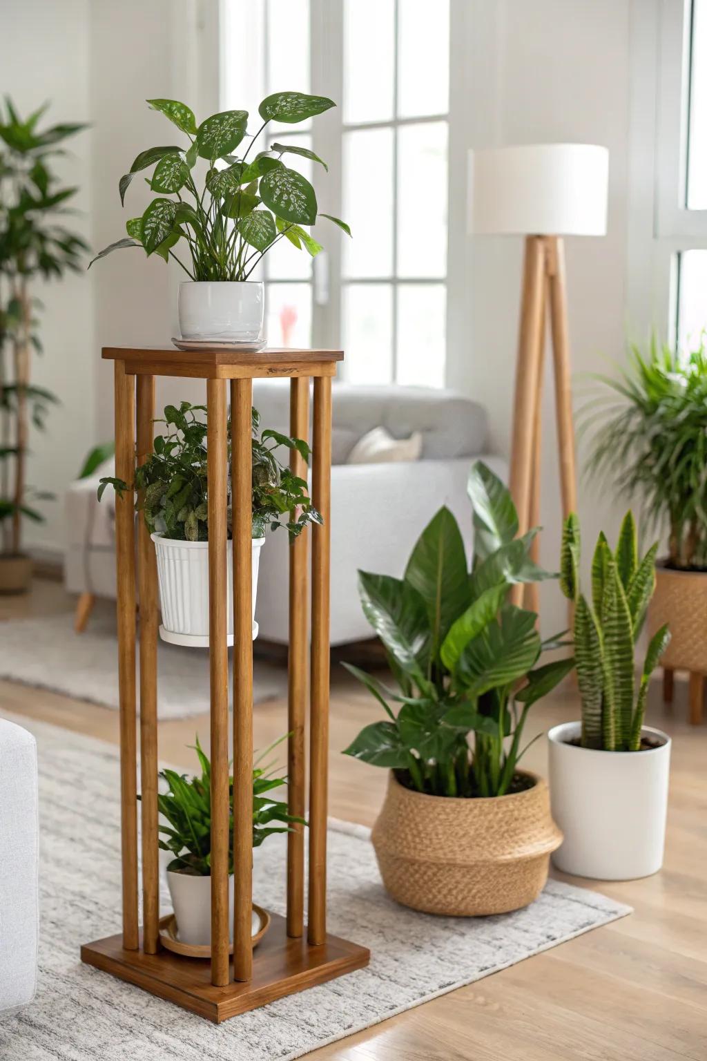 Display your plants beautifully with a modern wooden plant stand.