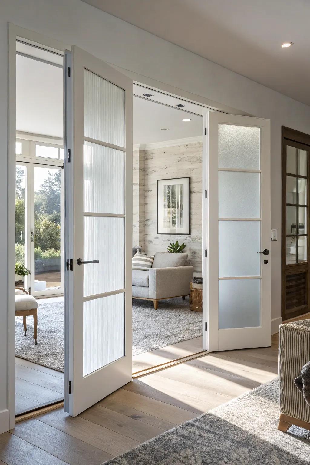 Modern frosted glass providing permanent privacy for French doors.