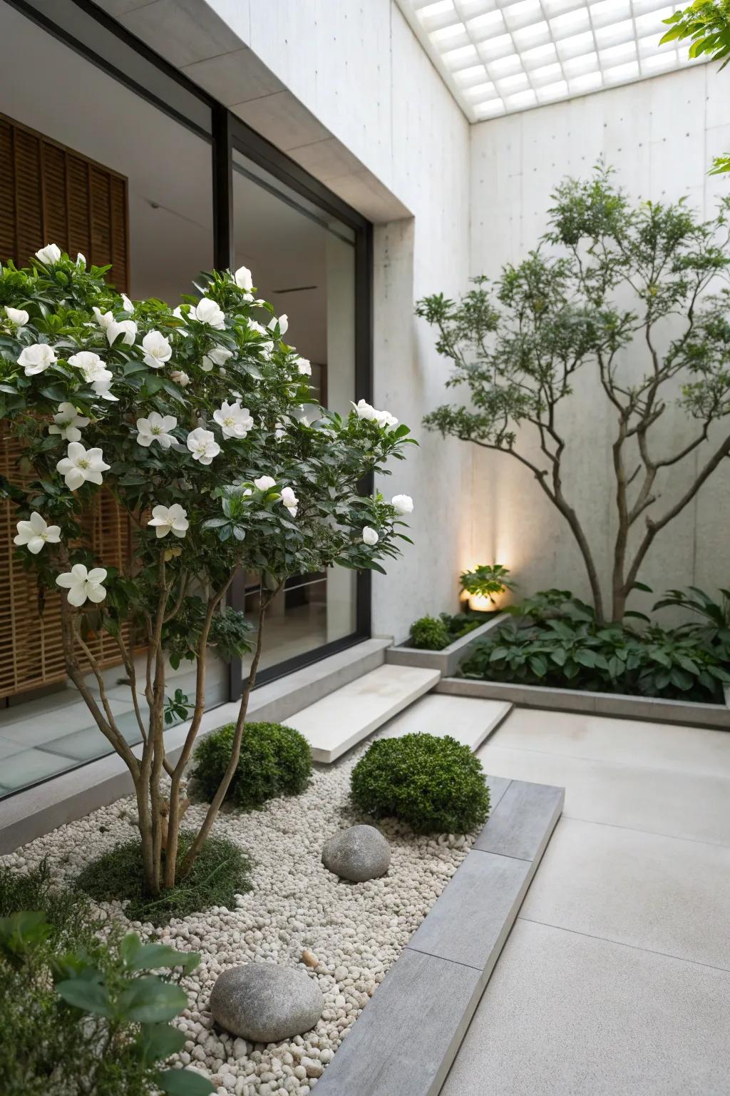 Achieve a Zen garden feel with the simplicity and elegance of gardenias.