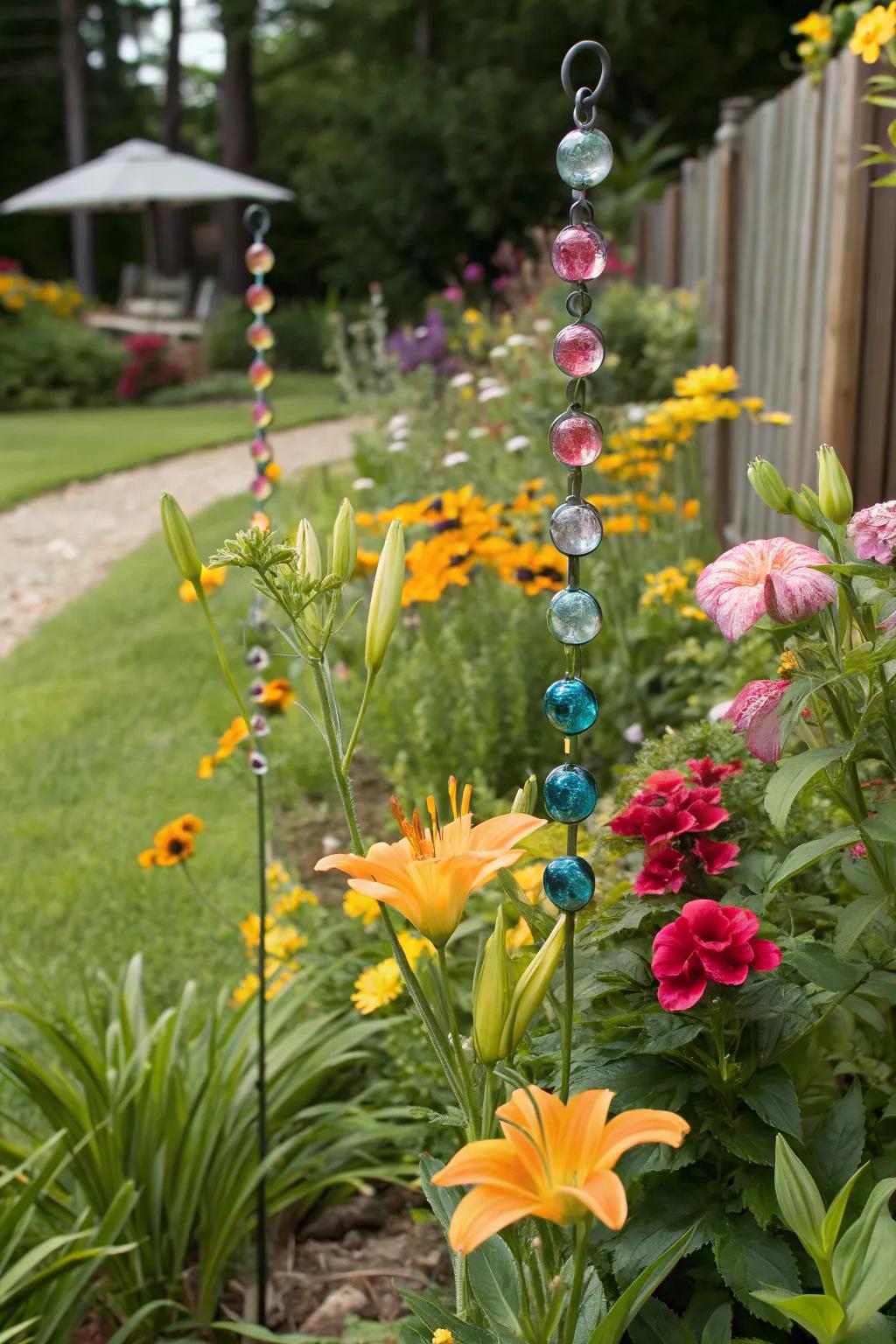 Magical gemstone plant stakes adding sparkle to a garden.