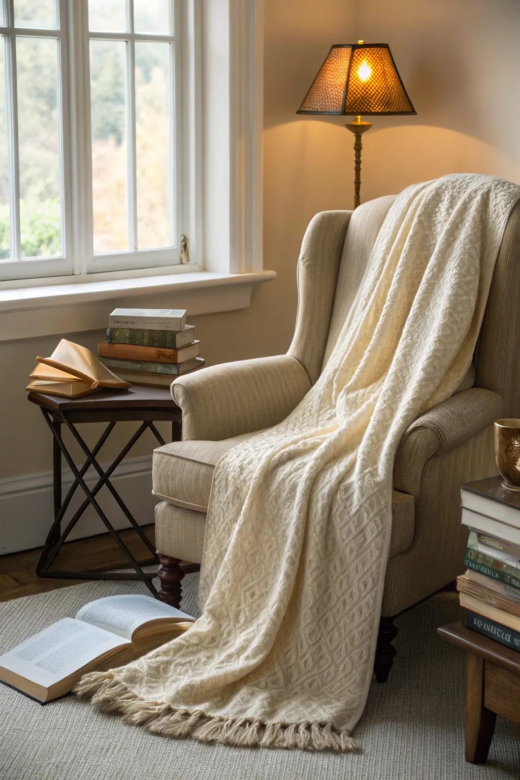 A cozy throw blanket perfect for snuggling up on a cold day.