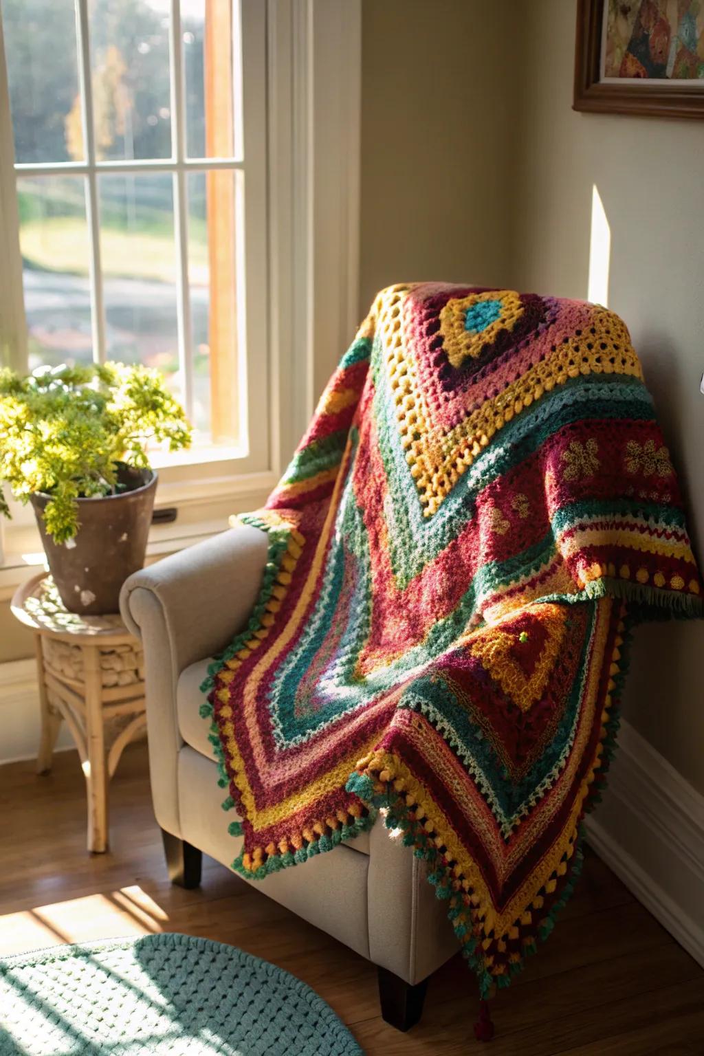 A cozy poncho made from colorful granny squares, perfect for layering during cooler months.