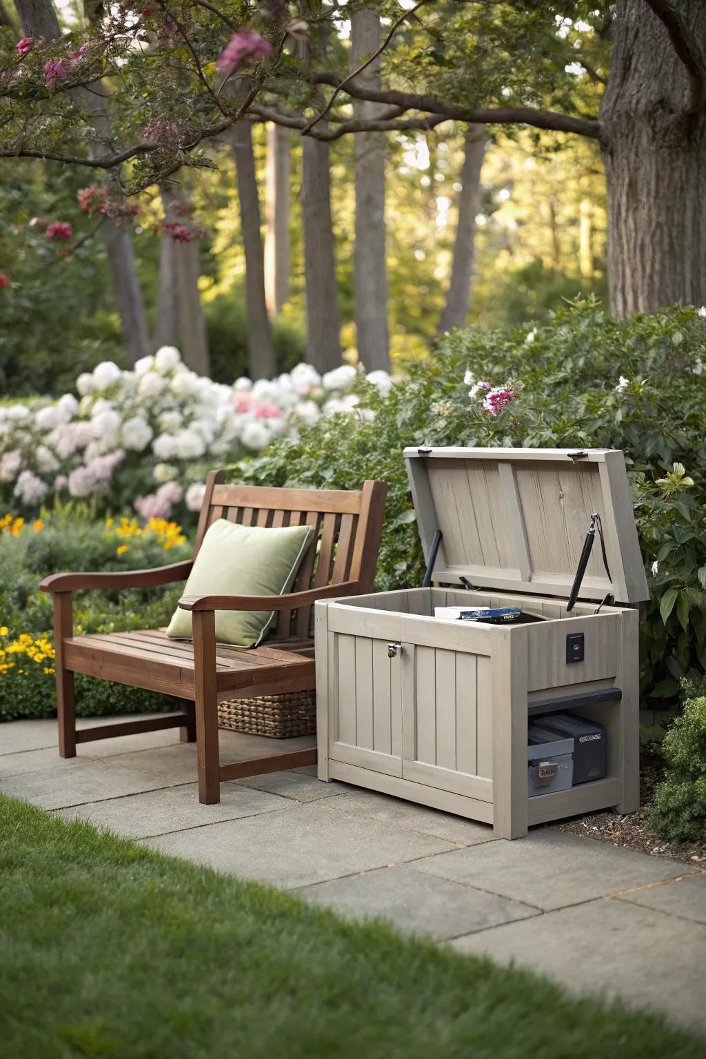 A multifunctional garden bench discreetly hides the generator.