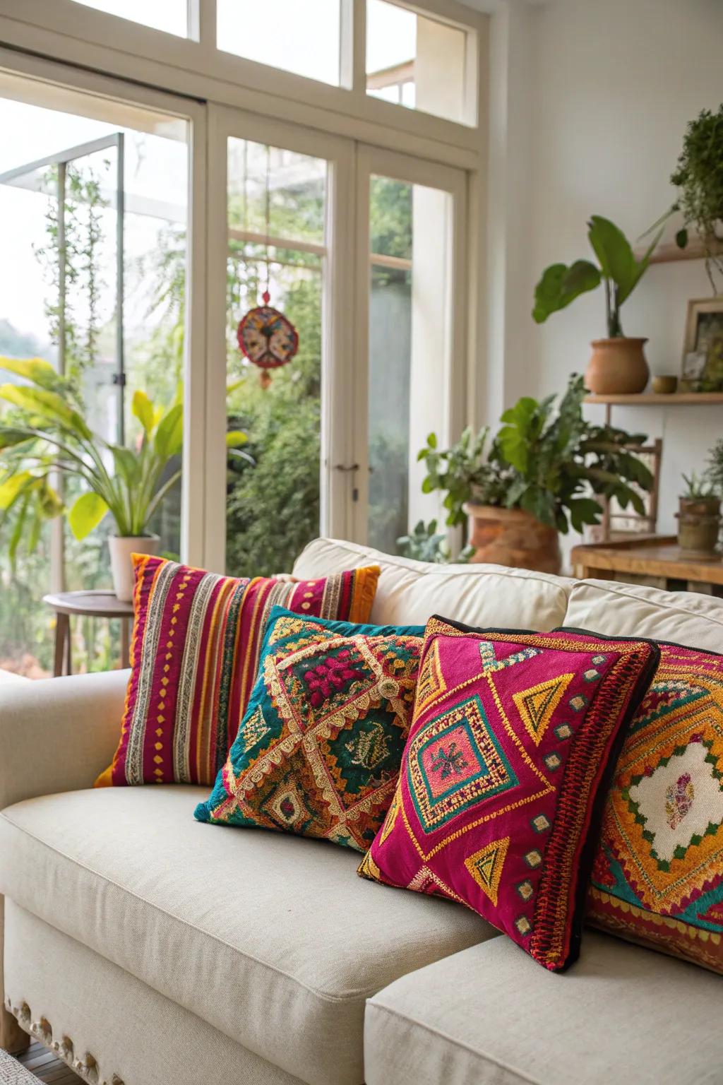 Vibrant Peruvian cushion covers add an artistic flair to any room.