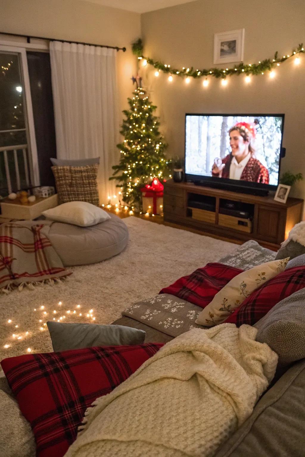 A cozy setup for a holiday movie marathon.