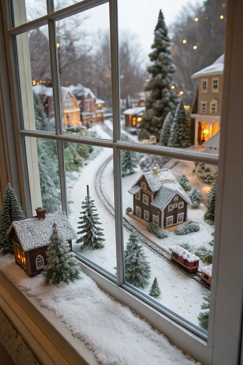 A window displaying a charming snowy village scene.