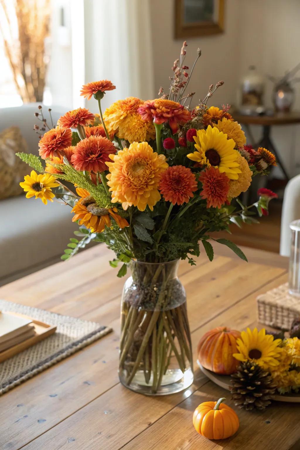 Seasonal flowers add vibrant touches to your fall decor.