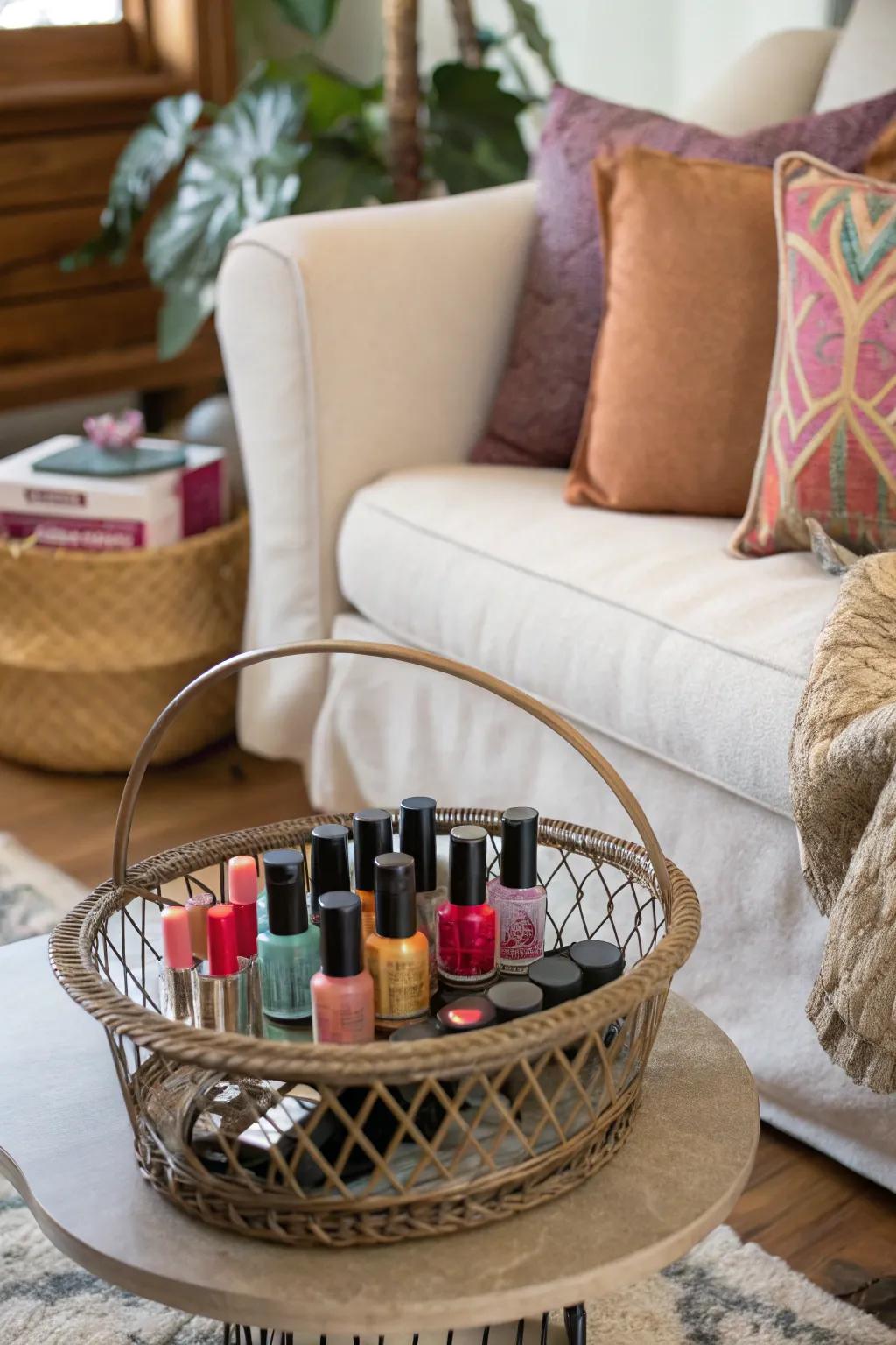 A decorative basket is both a practical and stylish way to store nail polish.