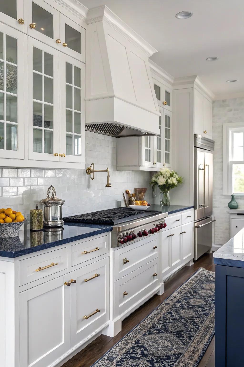 A classic kitchen with a crisp white and navy palette.