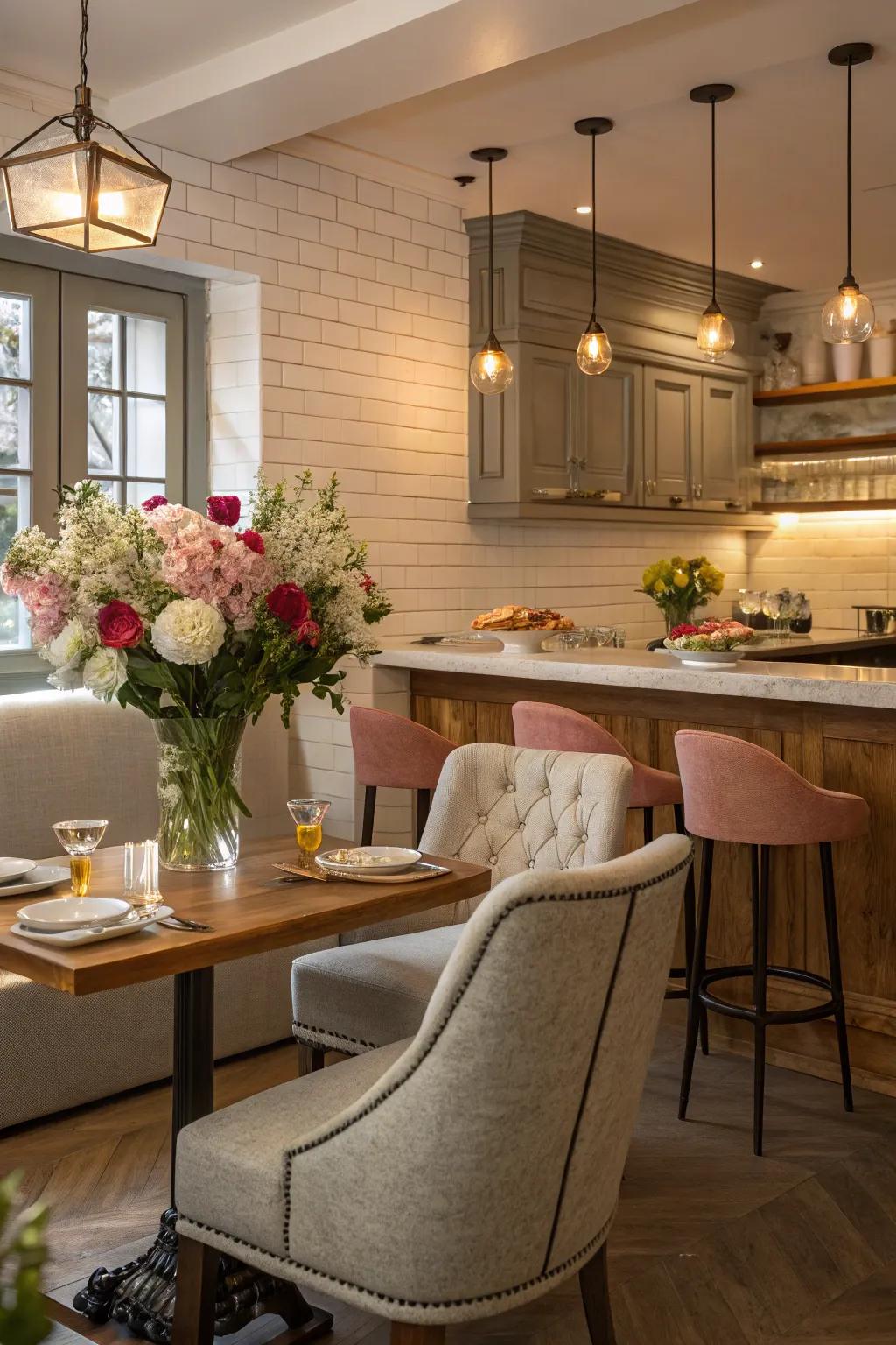 A cozy seating area at a kitchen peninsula with a warm atmosphere.