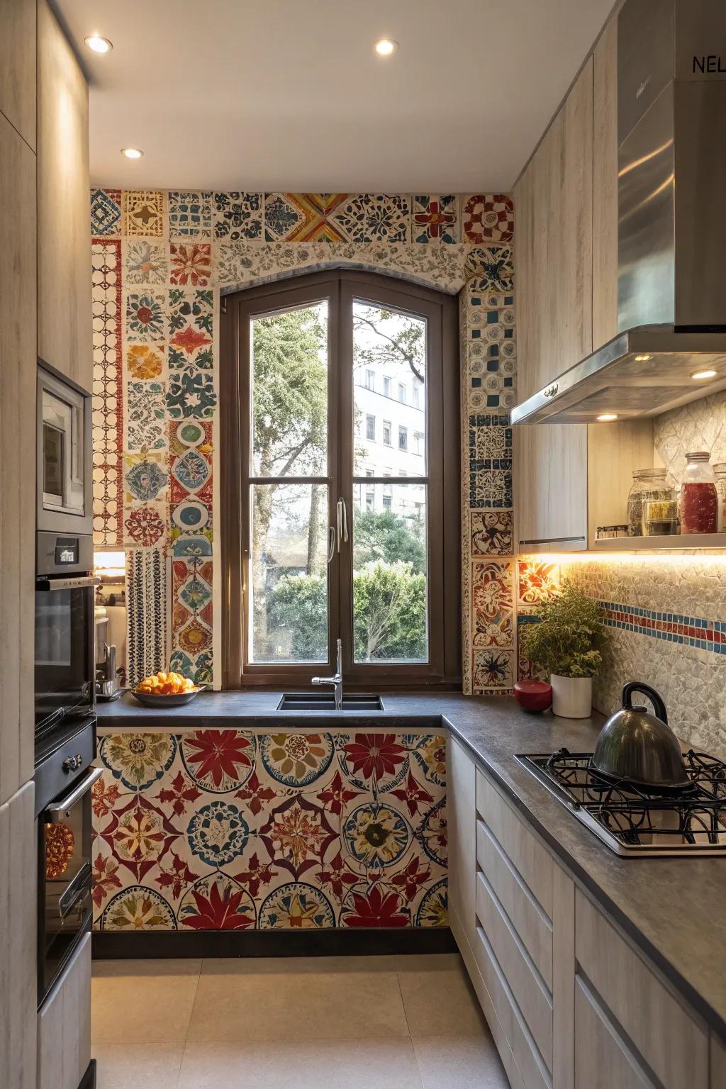 Striking tiles frame the kitchen window, adding bold visual interest.