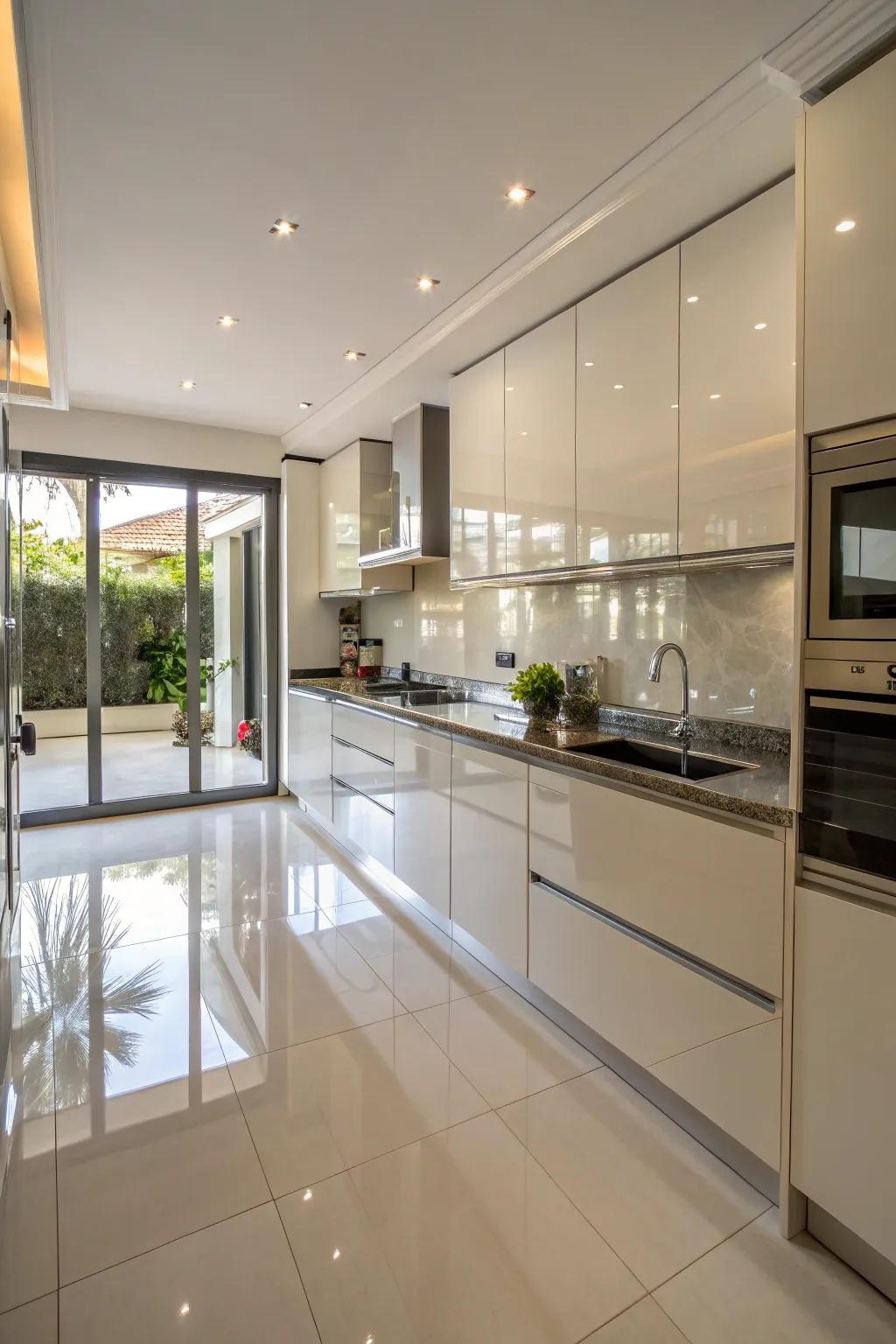 High-gloss finishes enhance light reflection and modern style in a windowless kitchen.