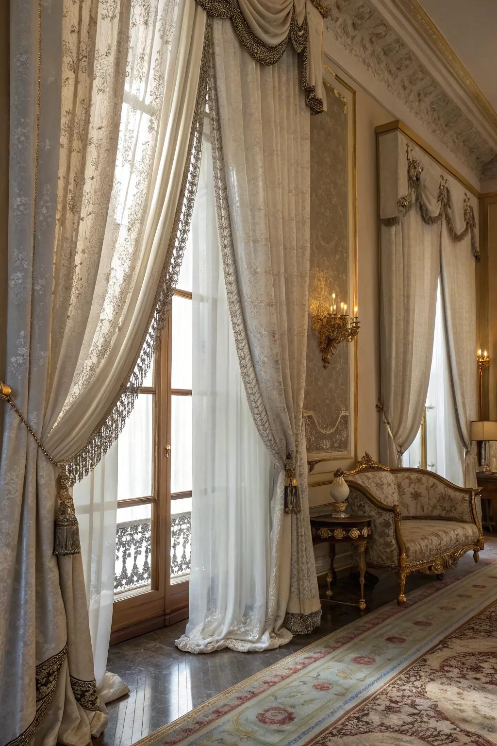 Metallic accents enhance the elegance of lace curtains.