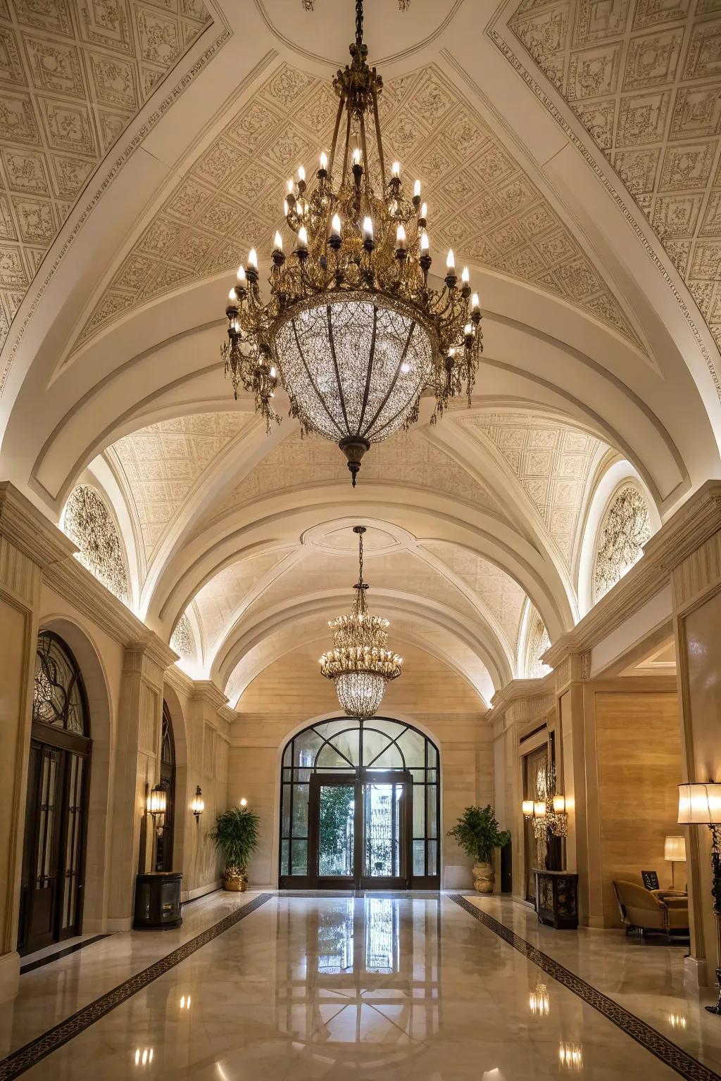 A striking chandelier makes a bold statement in a vaulted ceiling space.