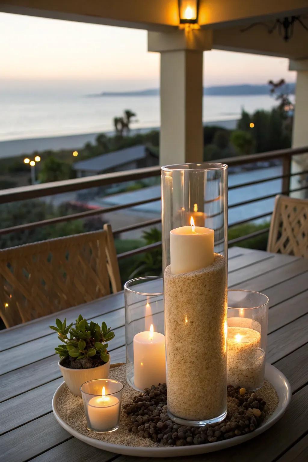 A coastal escape with LED candles and sand in a vase.