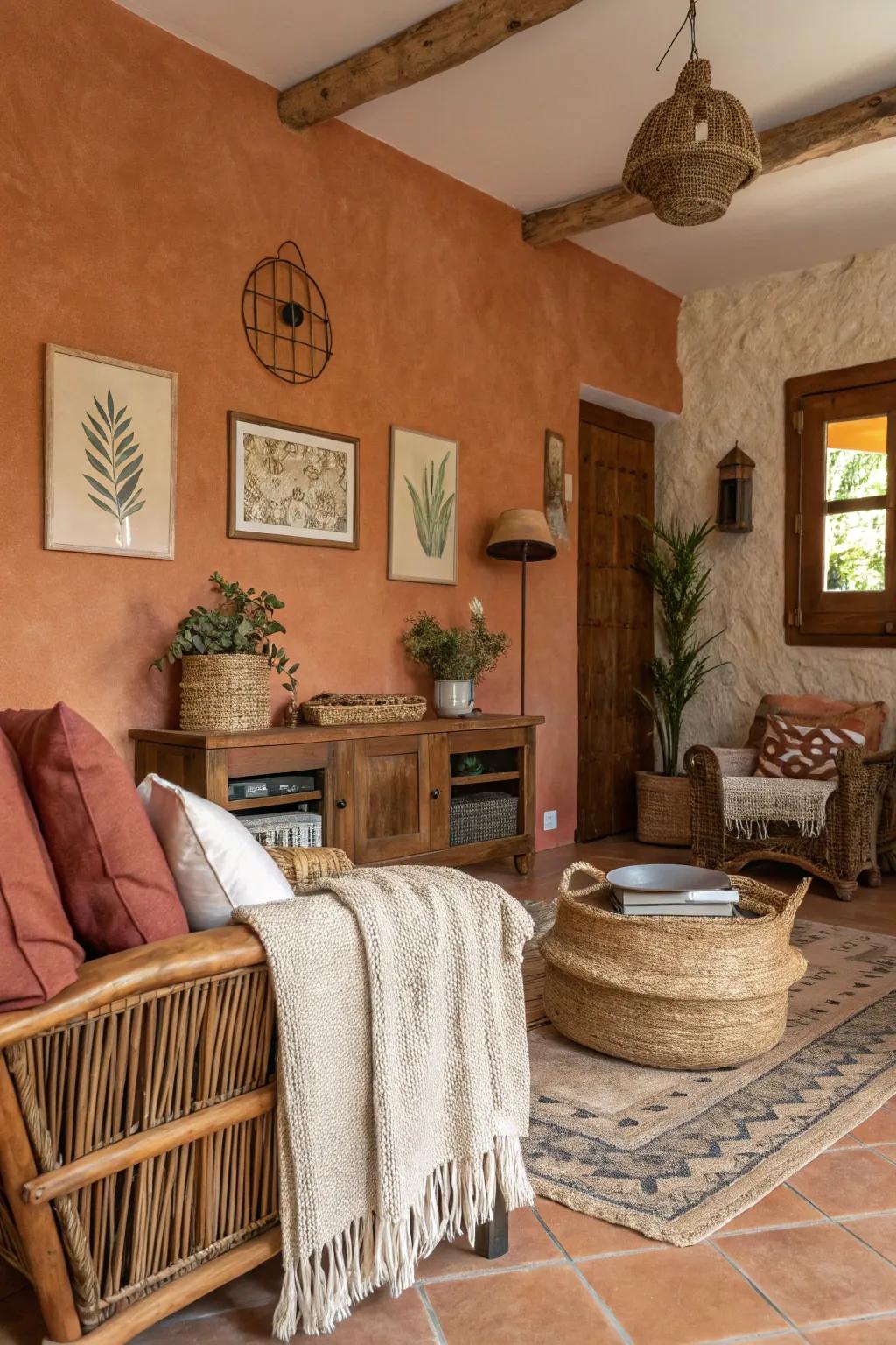 Terracotta walls add earthy warmth and rustic charm to this living room.