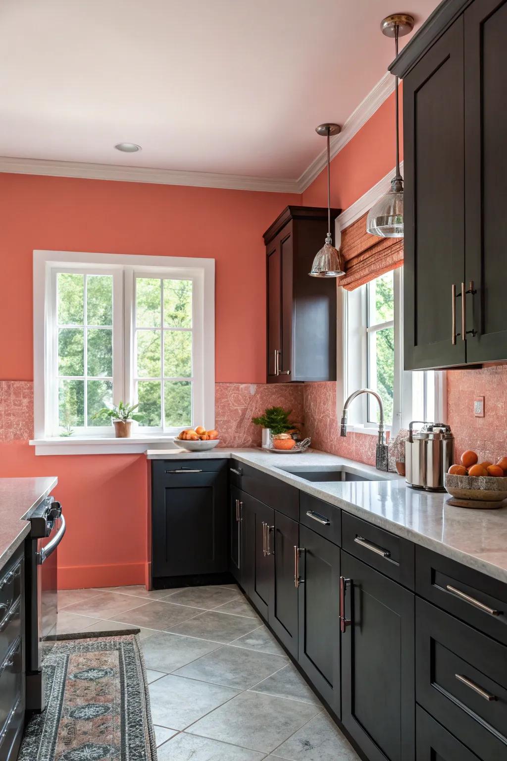 Coral walls bring a lively and energetic atmosphere to the kitchen.