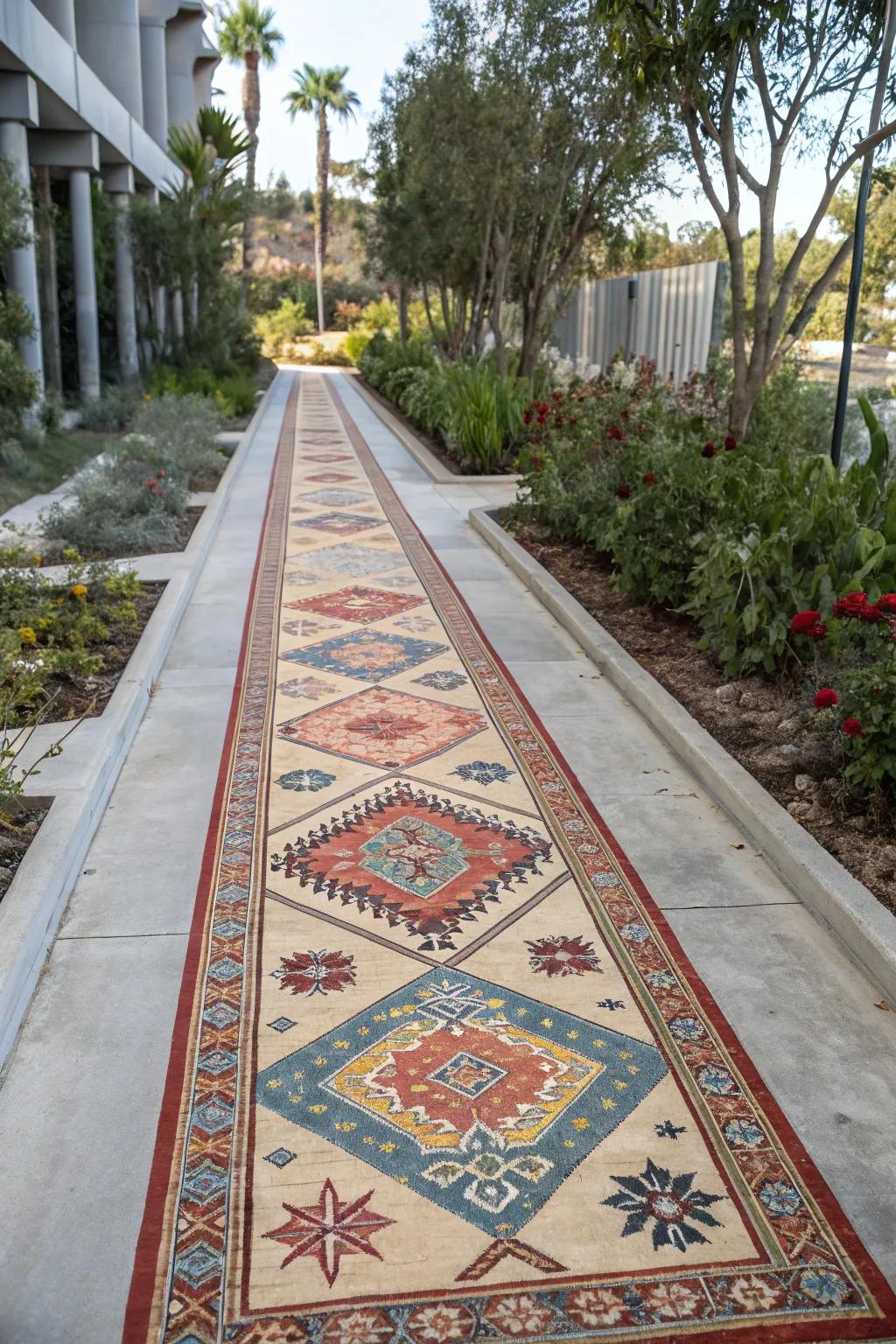 A vintage rug pattern brings a cozy, nostalgic feel to the walkway.