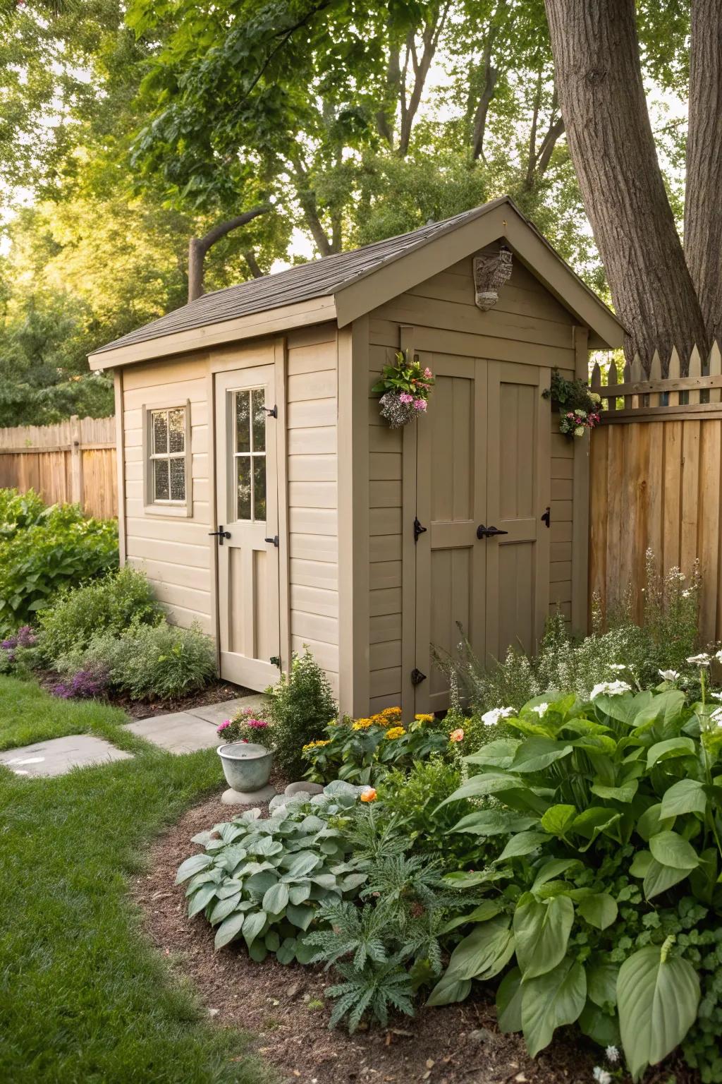 A cozy garden shed in greige, adding warmth to the outdoor space.