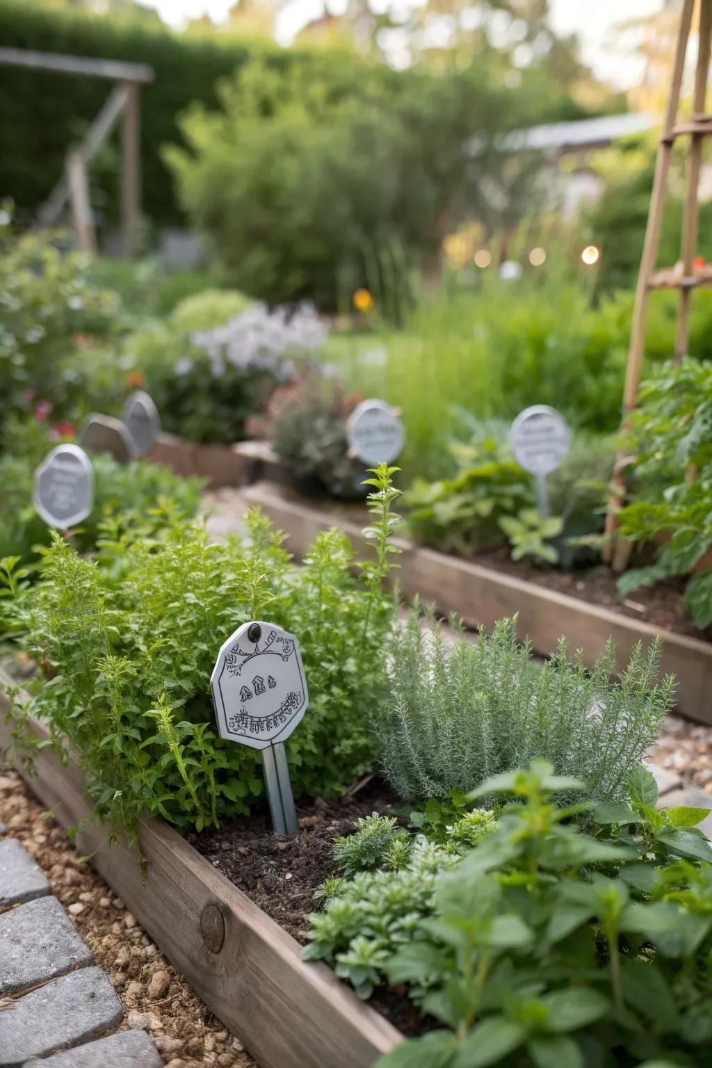 Stylish pewter plant markers add flair to your garden.