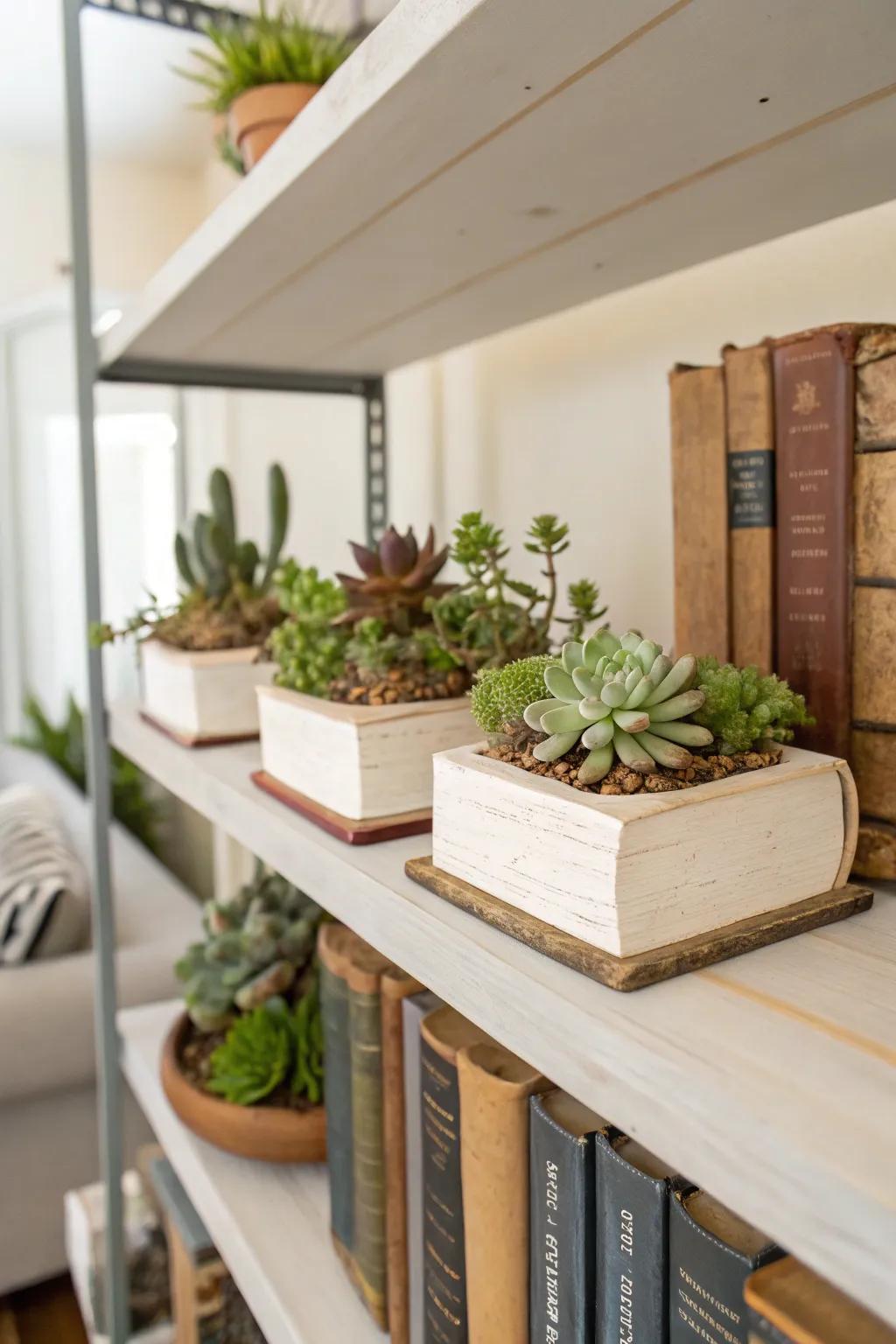 Succulent bookends are a creative and functional decor element.