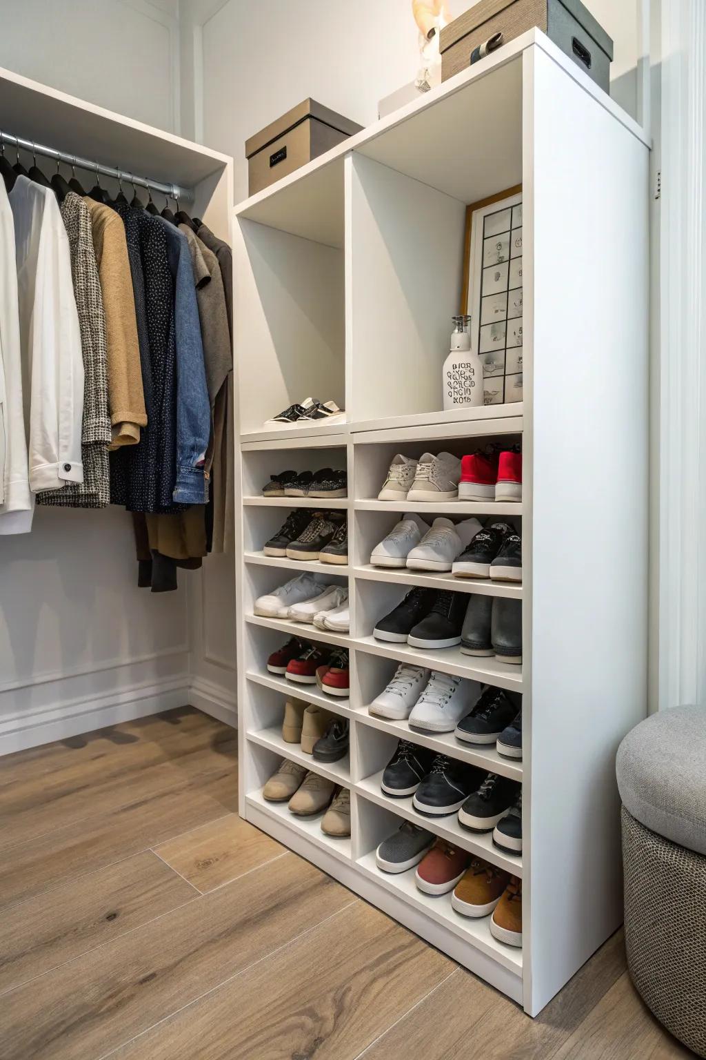 Create a custom-fit shoe rack for your closet with PVC pipe.