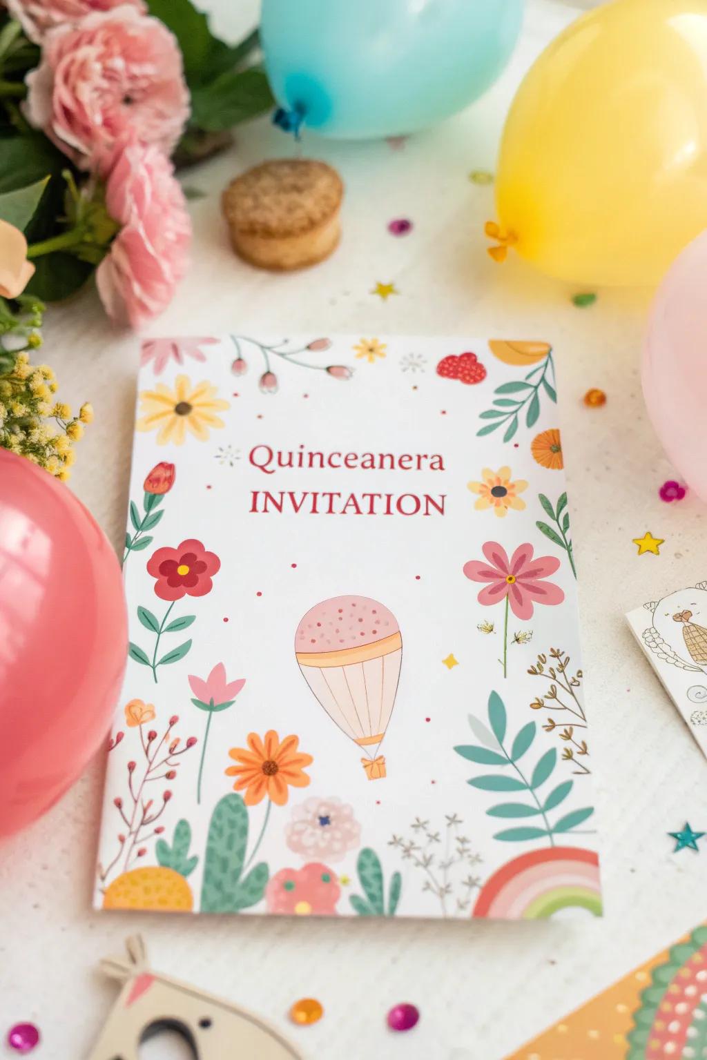 A playful quinceañera invitation with charming illustrations