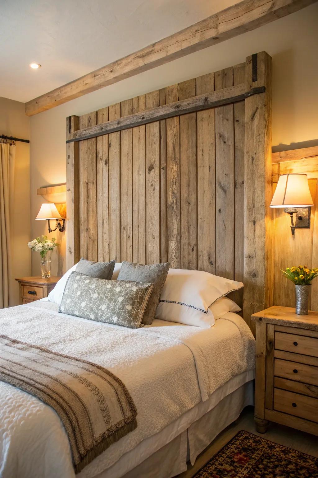 Turn your bedroom into a rustic retreat with a wooden headboard.