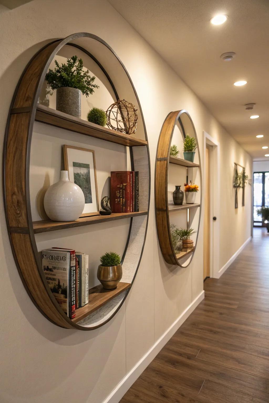 Round shelves combine function and style.