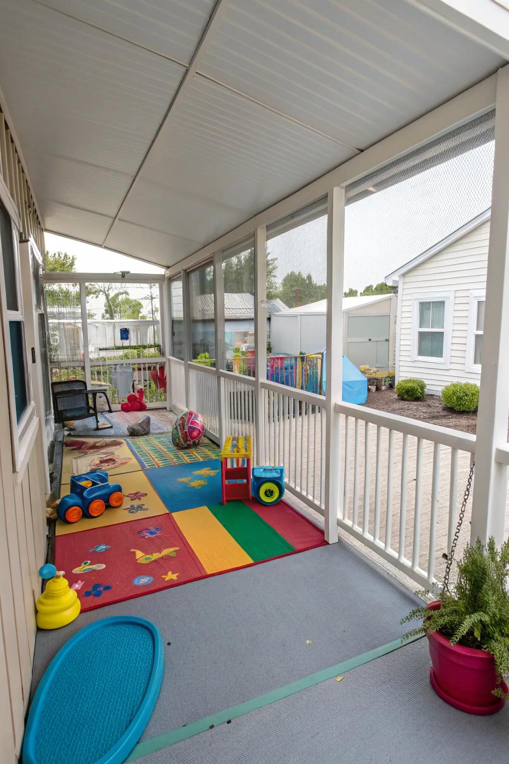 A kids’ play area keeps little ones entertained and safe on the porch.