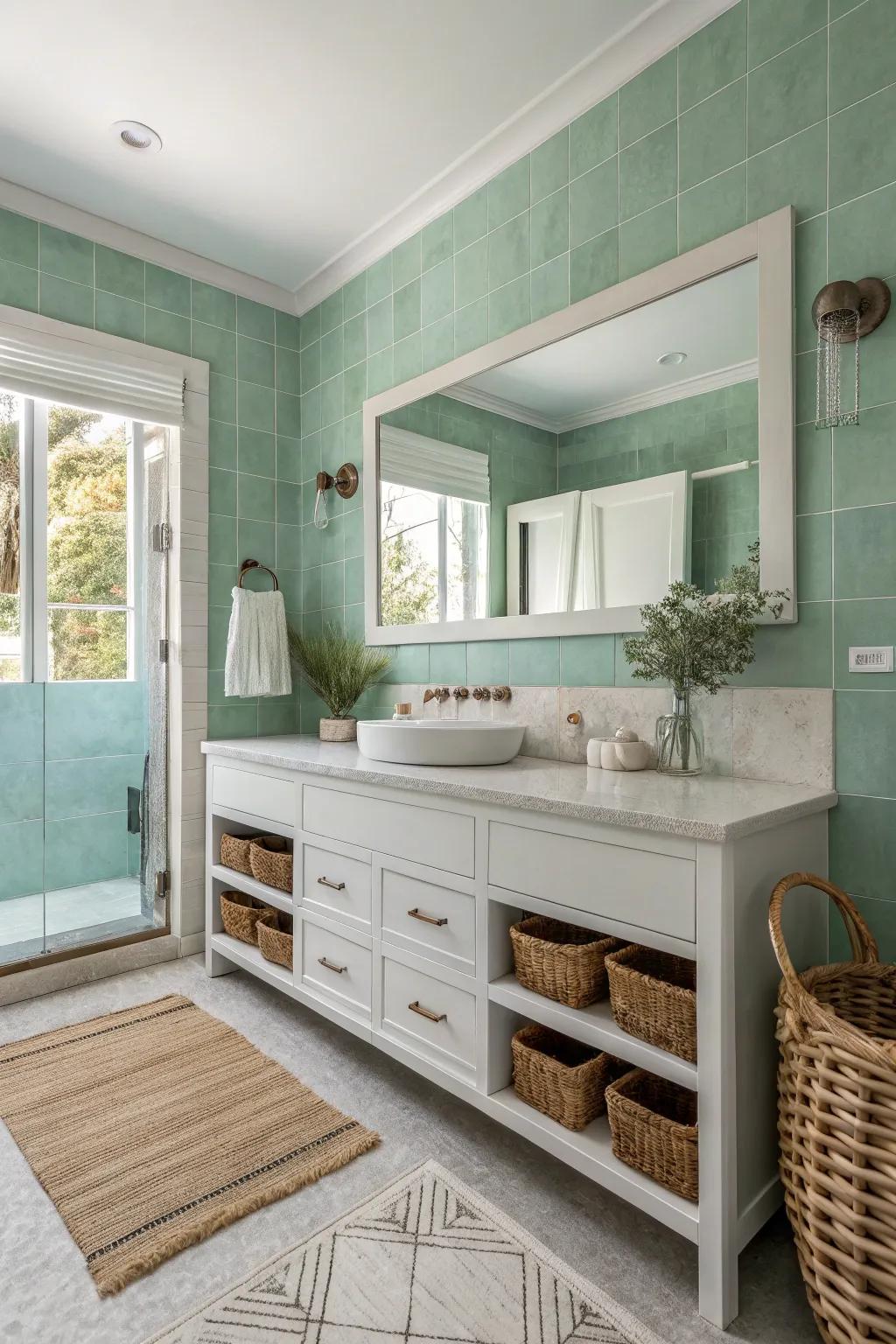 A spa-like bathroom retreat with calming seafoam green walls.