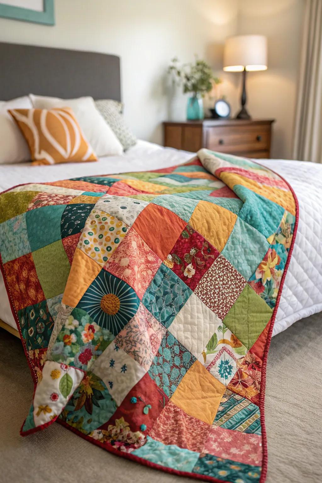 A memory quilt crafted from treasured fabric pieces.