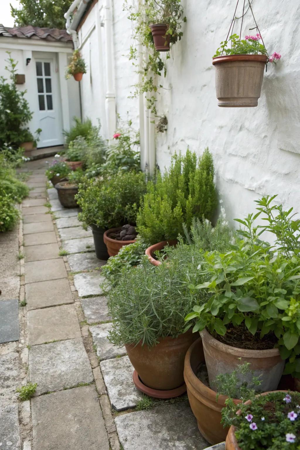 A small courtyard corner with a variety of potted herbs like rosemary and thyme.