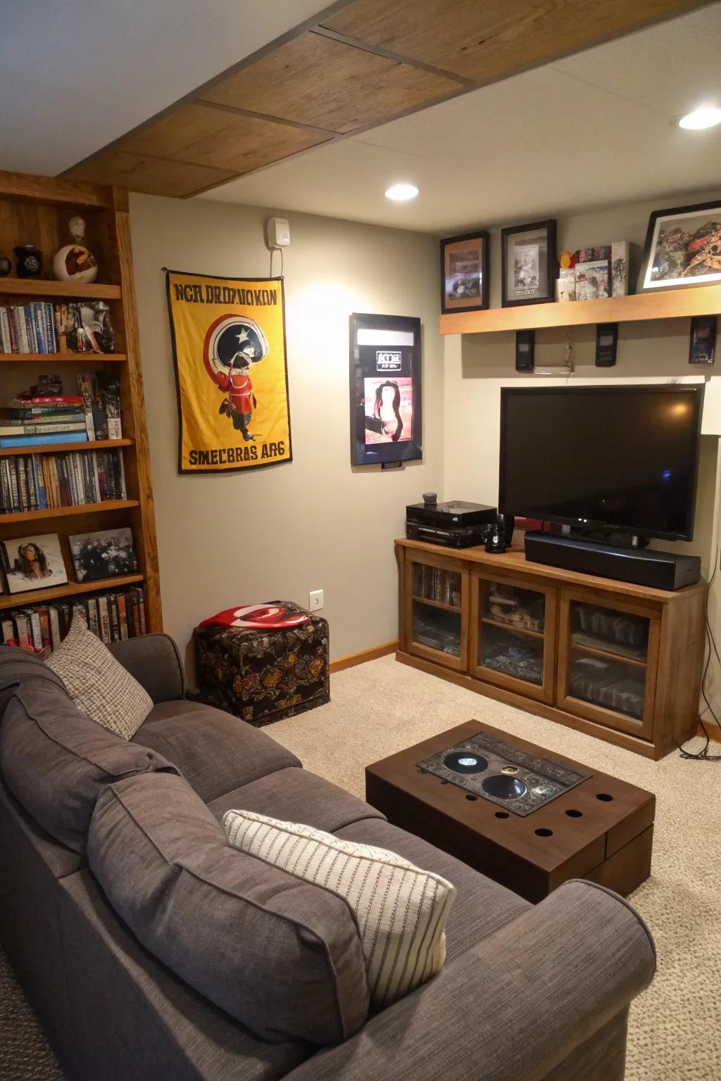 A small entertainment center is the heart of your man cave.