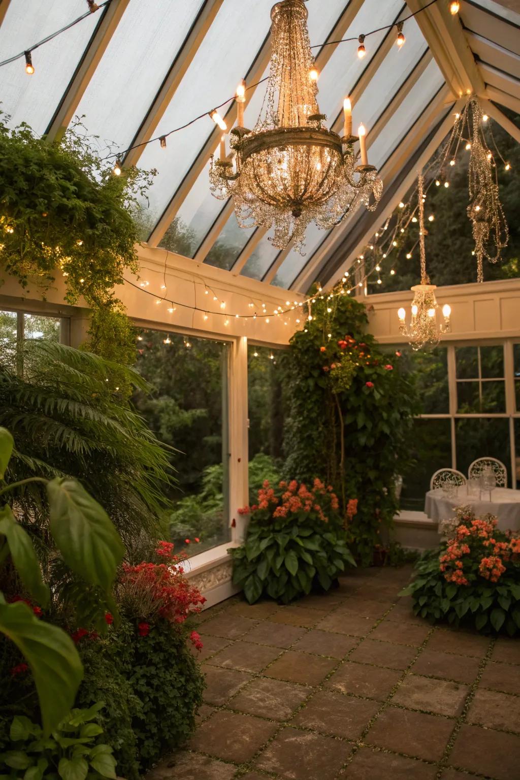 Create a warm ambiance with soft lighting in your orangery.