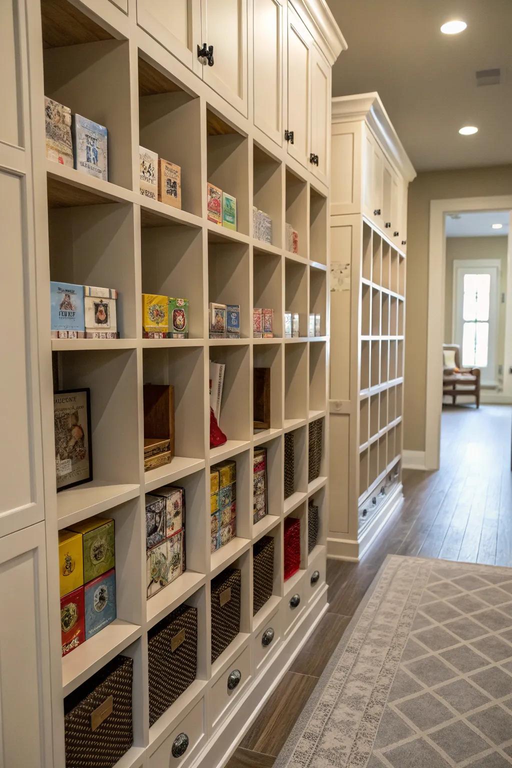 Cubbies provide a dedicated space for each puzzle box, keeping them organized.