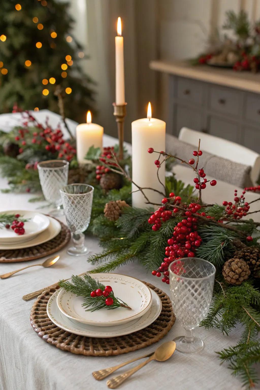 Berry-laden branches add color and texture to the festive table.