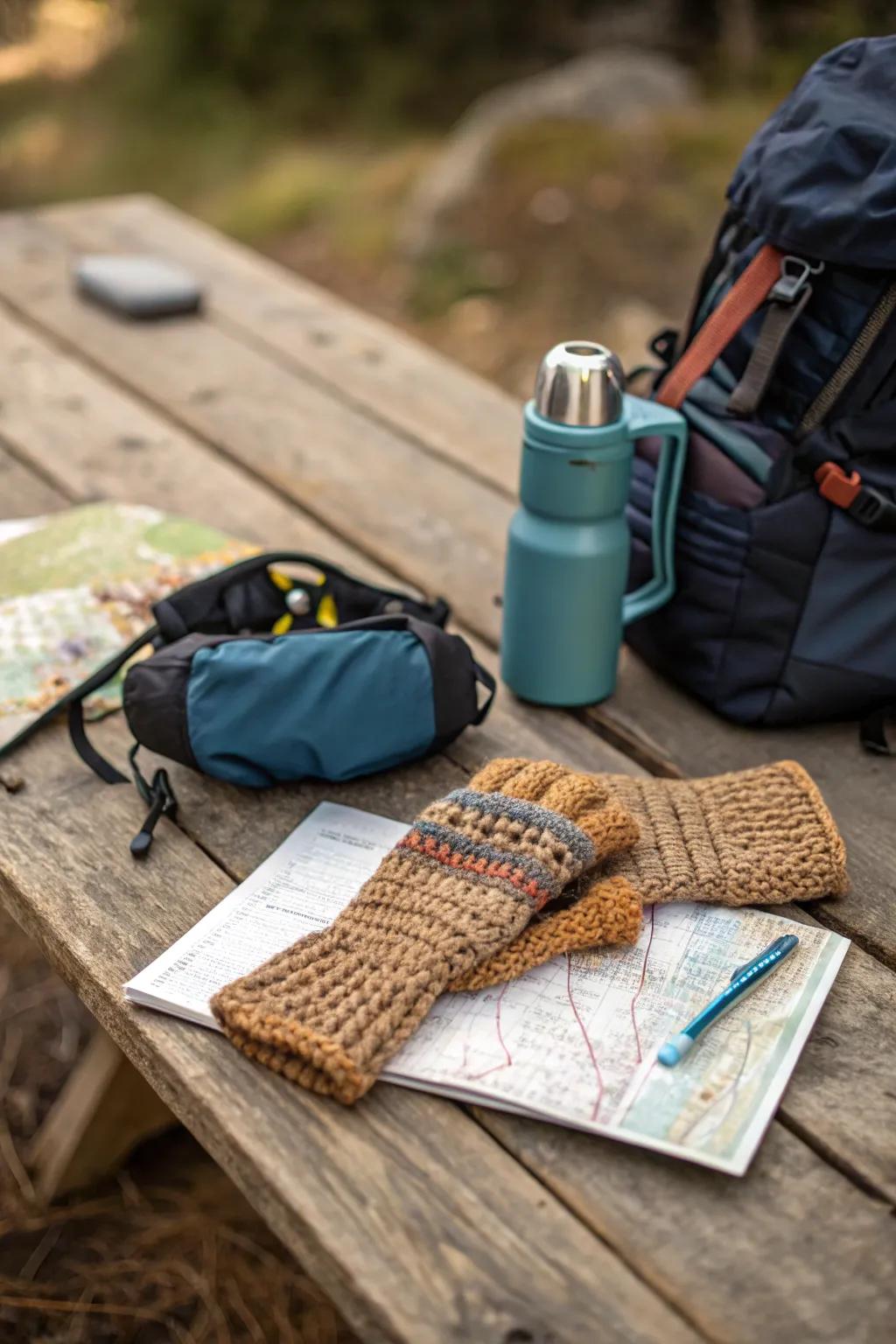 Warm and practical crochet fingerless gloves for outdoor enthusiasts.