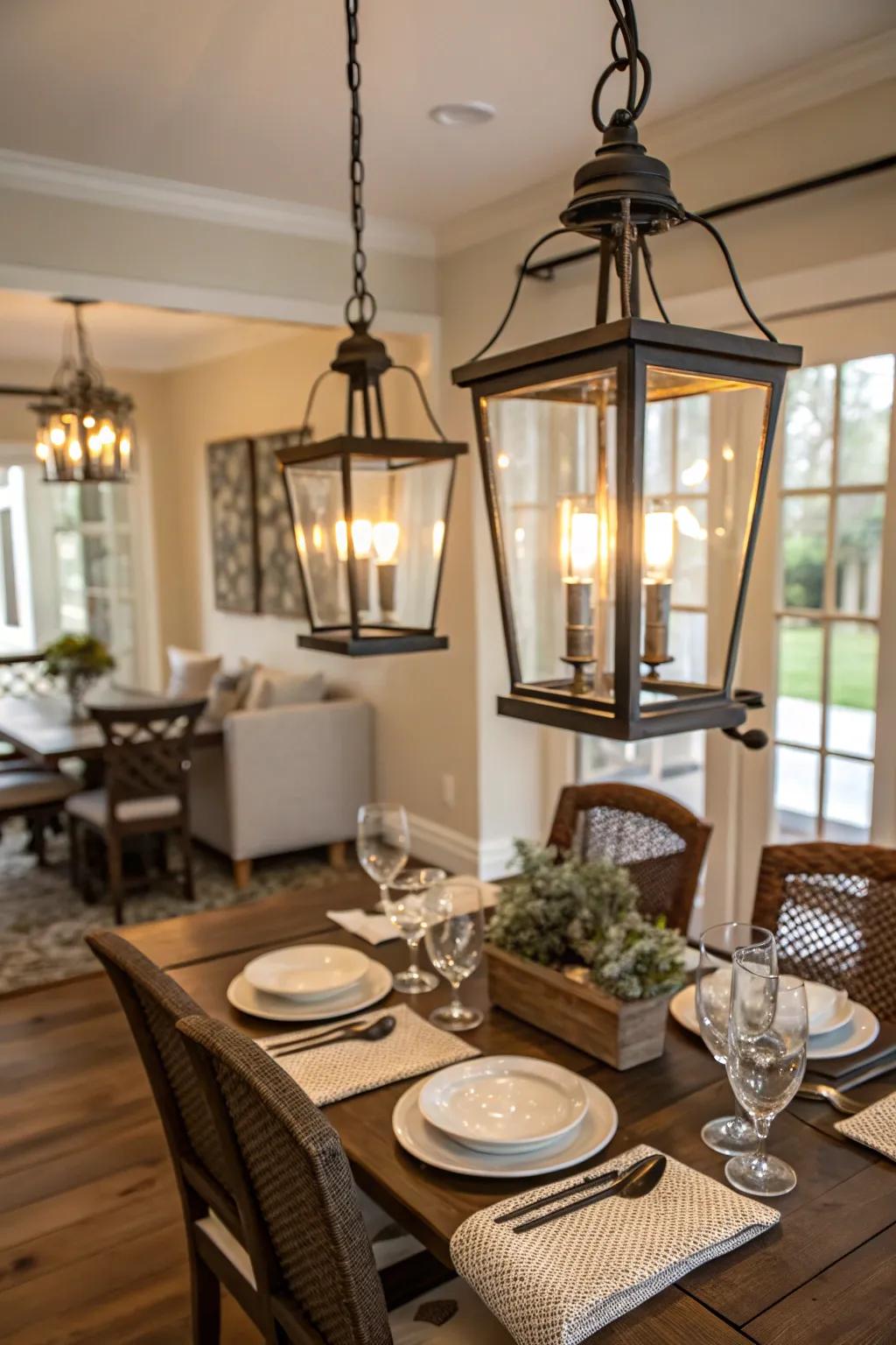 Lantern-style pendants add a cozy ambiance to a dining room.