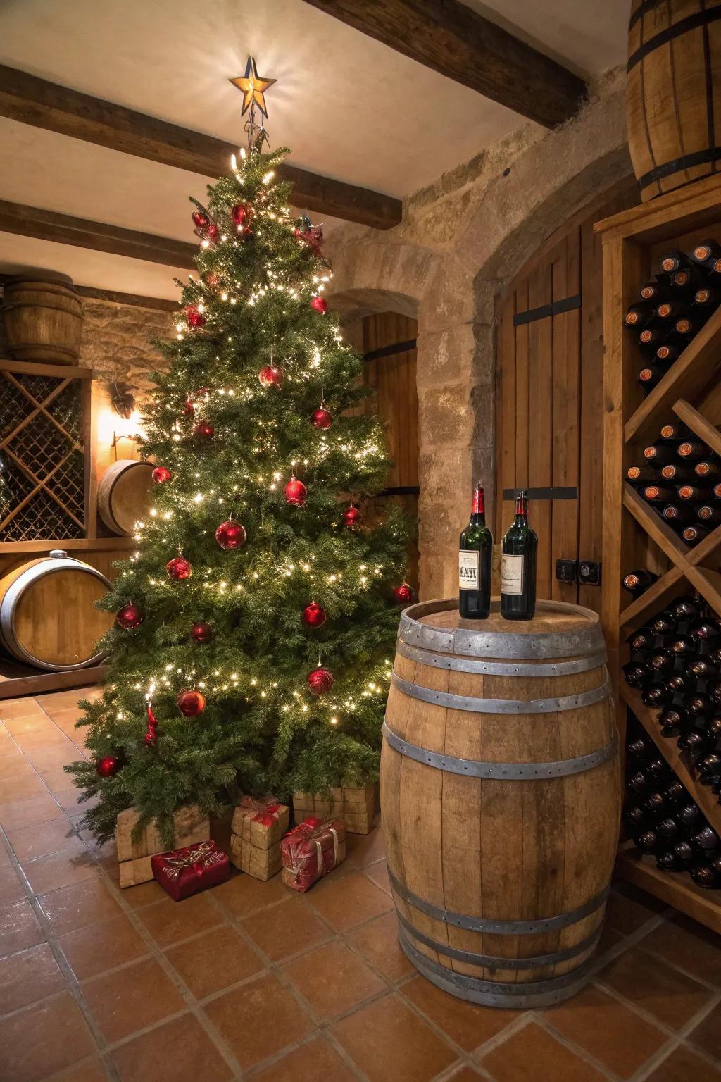 A whiskey barrel adds a rustic Napa Valley vibe to your tree.