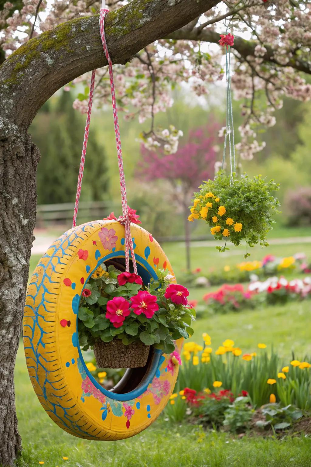 Repurposed tires offer a bold and eco-friendly planter option.