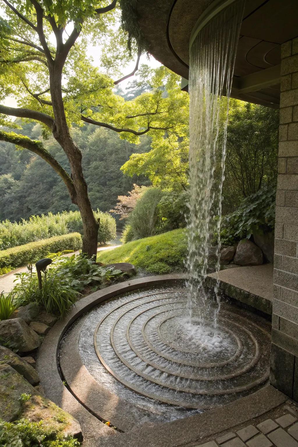 A spiral waterfall adds dynamic movement to any garden.