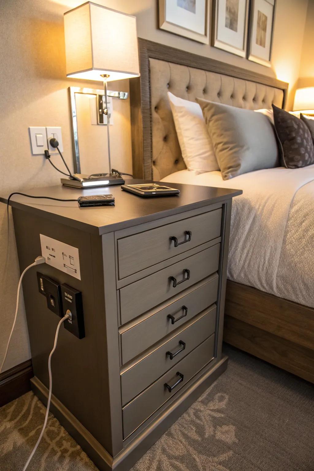 Functional dressers with outlets keep your bedroom organized and tech-friendly.