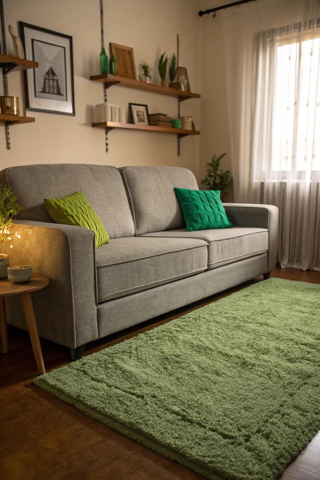 Green rugs bring a fresh, natural touch to a grey couch setting.