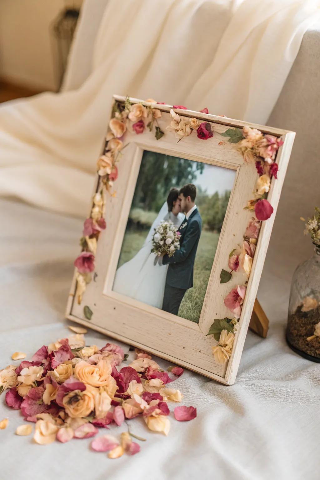 A photo frame adorned with dried flower petals from a wedding bouquet, showcasing a wedding photo.